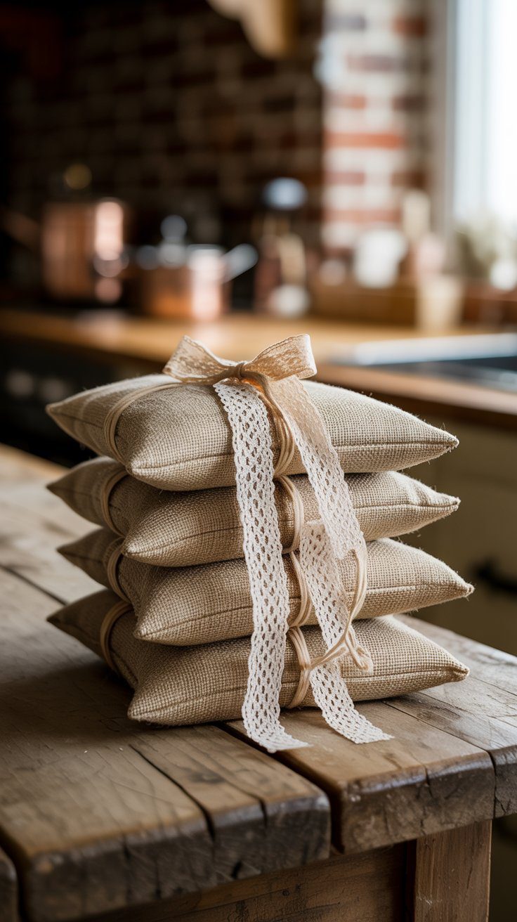 Rustic burlap favor pouches with lace ribbon trim and small hang tags, styled in a farmhouse kitchen setting with dried botanicals.