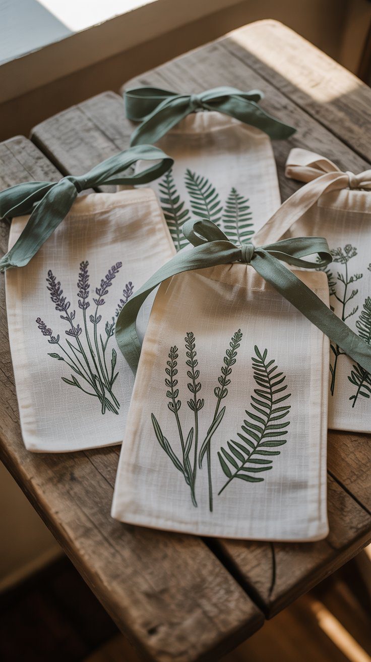 Eco-friendly cotton muslin gift bags stamped with botanical leaf and fern prints, tied with beige grosgrain ribbon on a light linen surface.