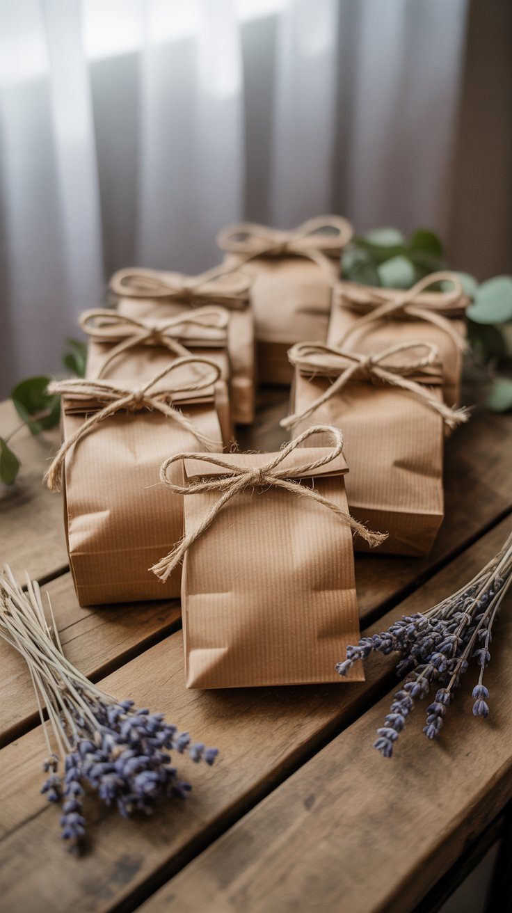 Rustic kraft paper favor bags filled with handmade soap bars, tied with jute twine and dried lavender sprigs on a wooden surface.