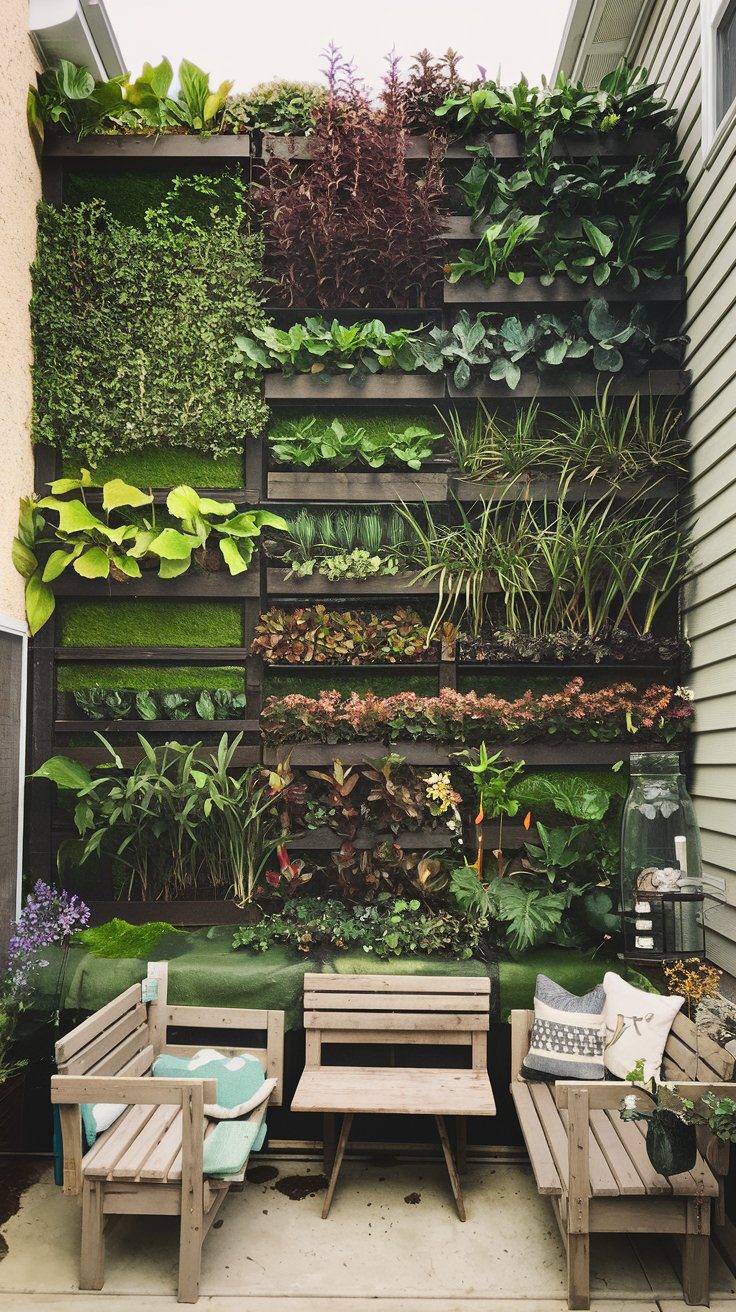 A vertical wall garden with herbs and flowers mounted on a backyard fence.