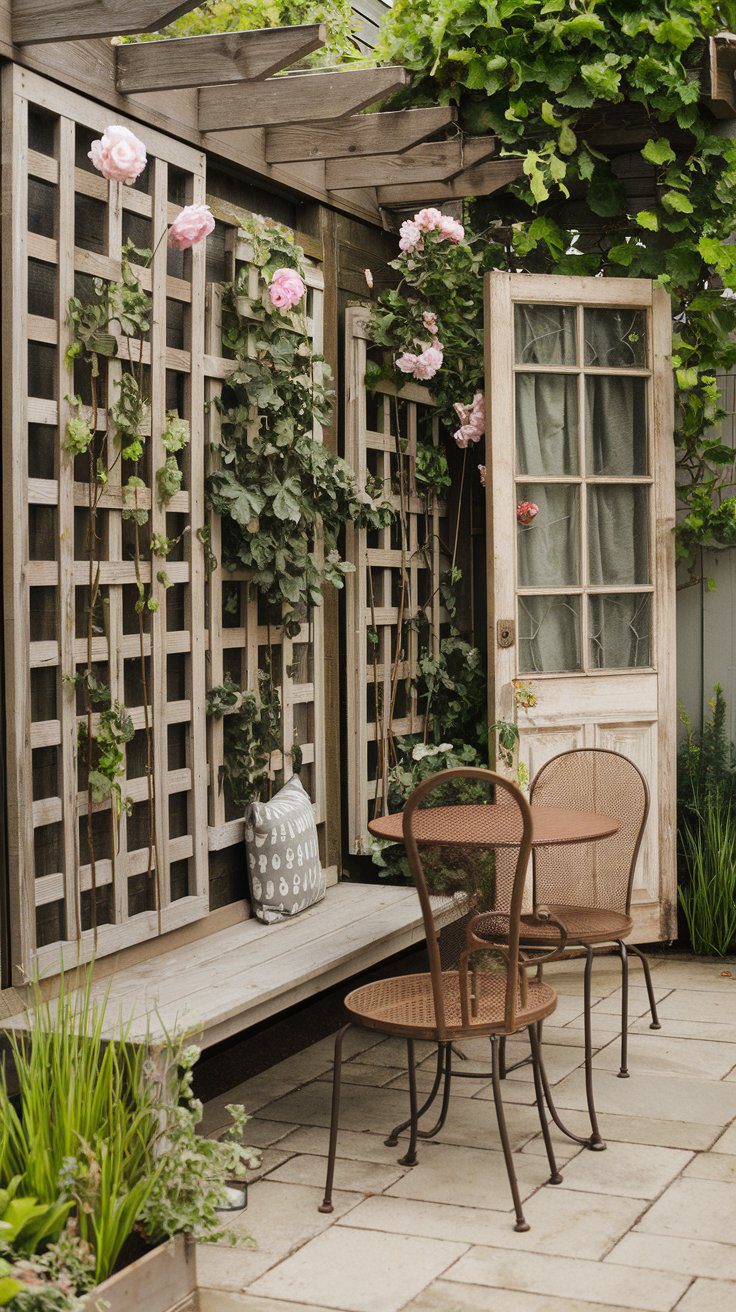 A DIY garden trellis made from reclaimed wood in a backyard.