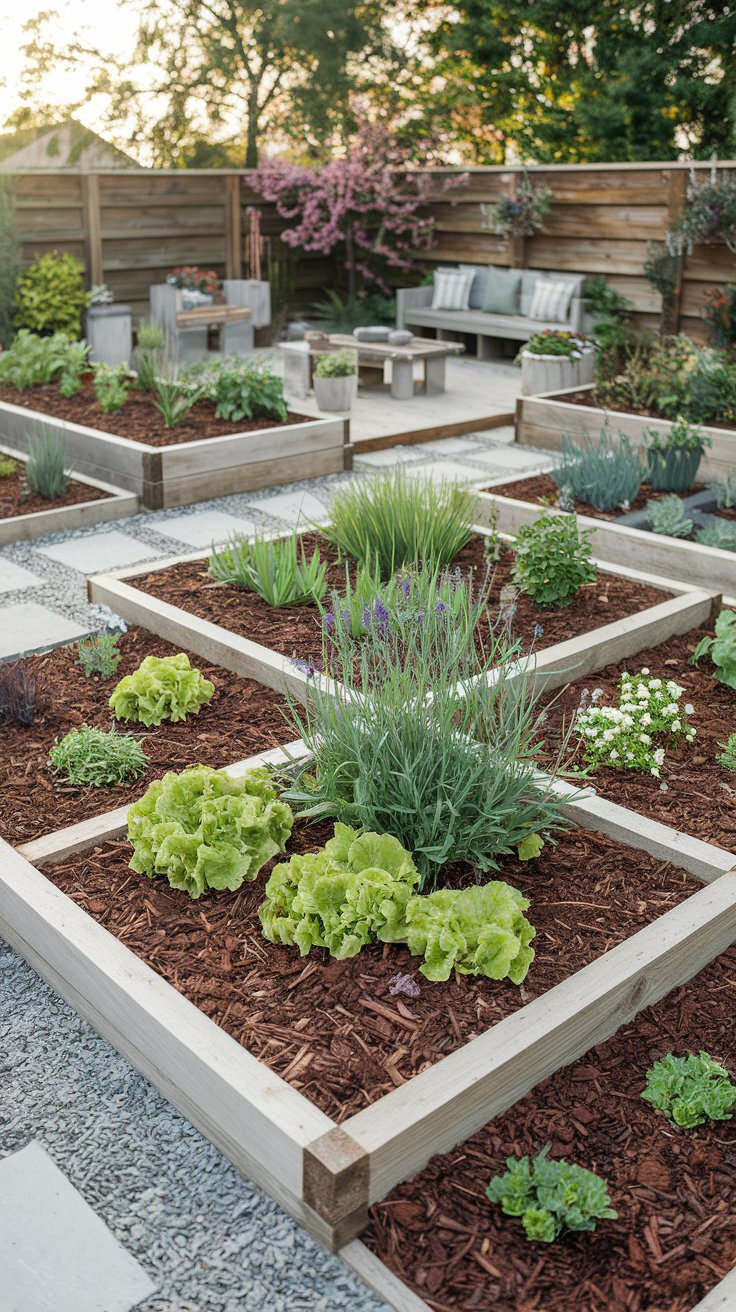 A neat garden bed with mulch that suppresses weeds and retains moisture.