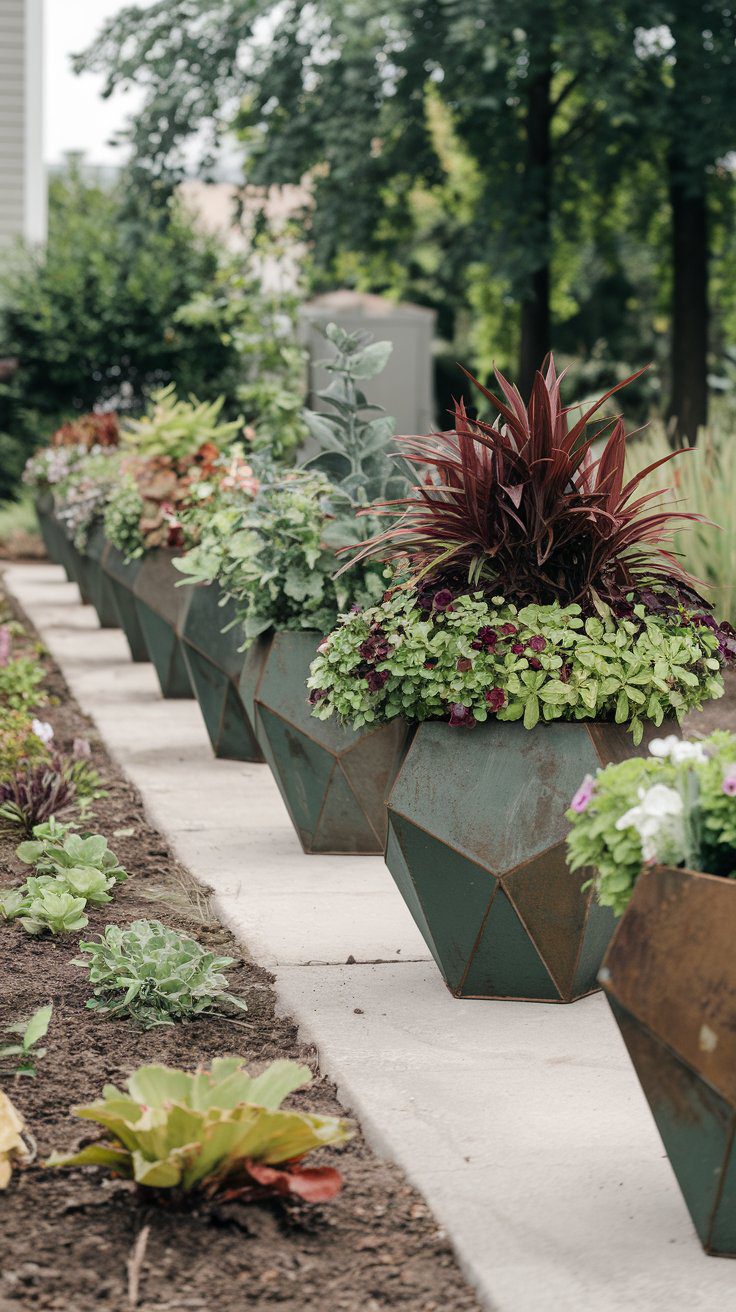 DIY geometric planters made from scrap wood in a modern backyard garden.