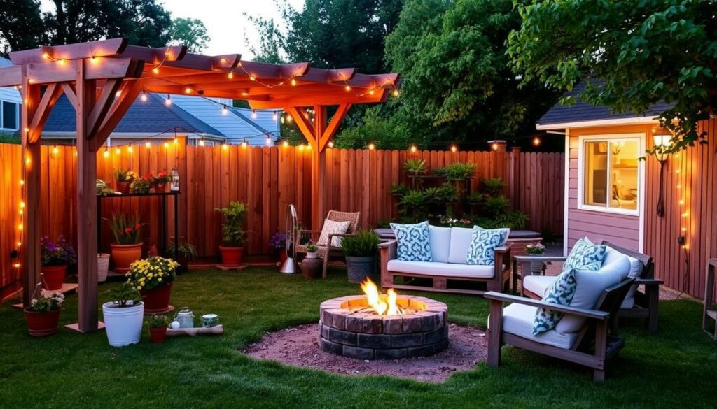 A freshly painted fence with a trellis for climbing vines in a backyard.