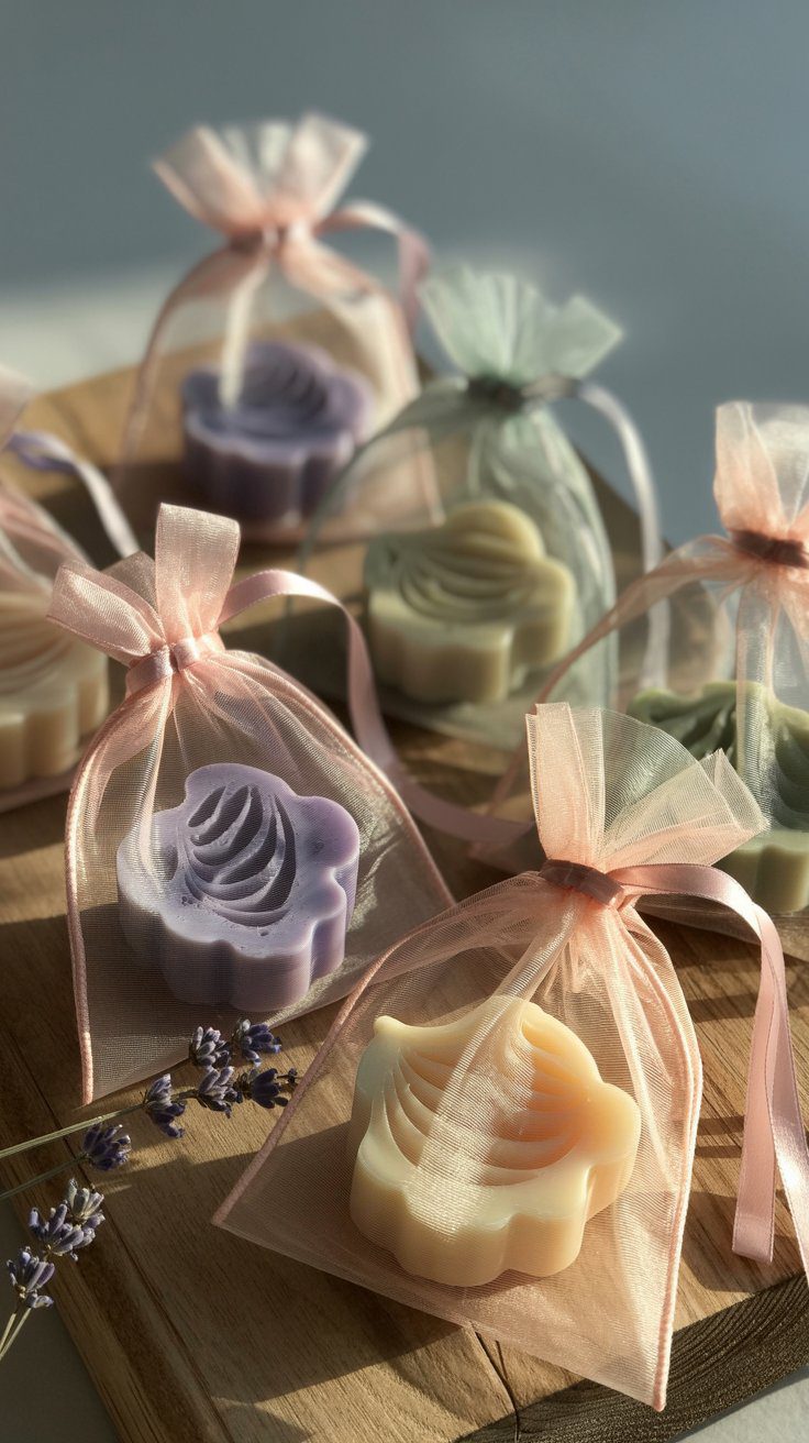 Pastel handmade decorative soap bars displayed in sheer organza gift bags tied with satin ribbon, with lavender sprigs nearby.