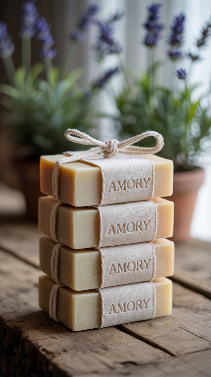 Handmade soap bars packaged in natural linen drawstring bags tied with cotton cord, styled on a rustic wooden surface with dried lavender.