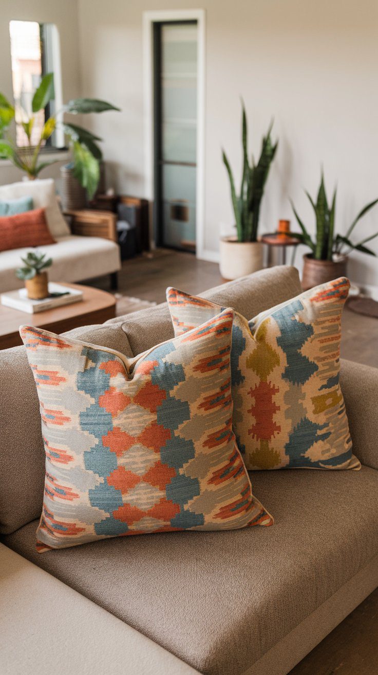 Handmade custom pillow covers in patterned home decor fabric with envelope closures, displayed on throw pillows.