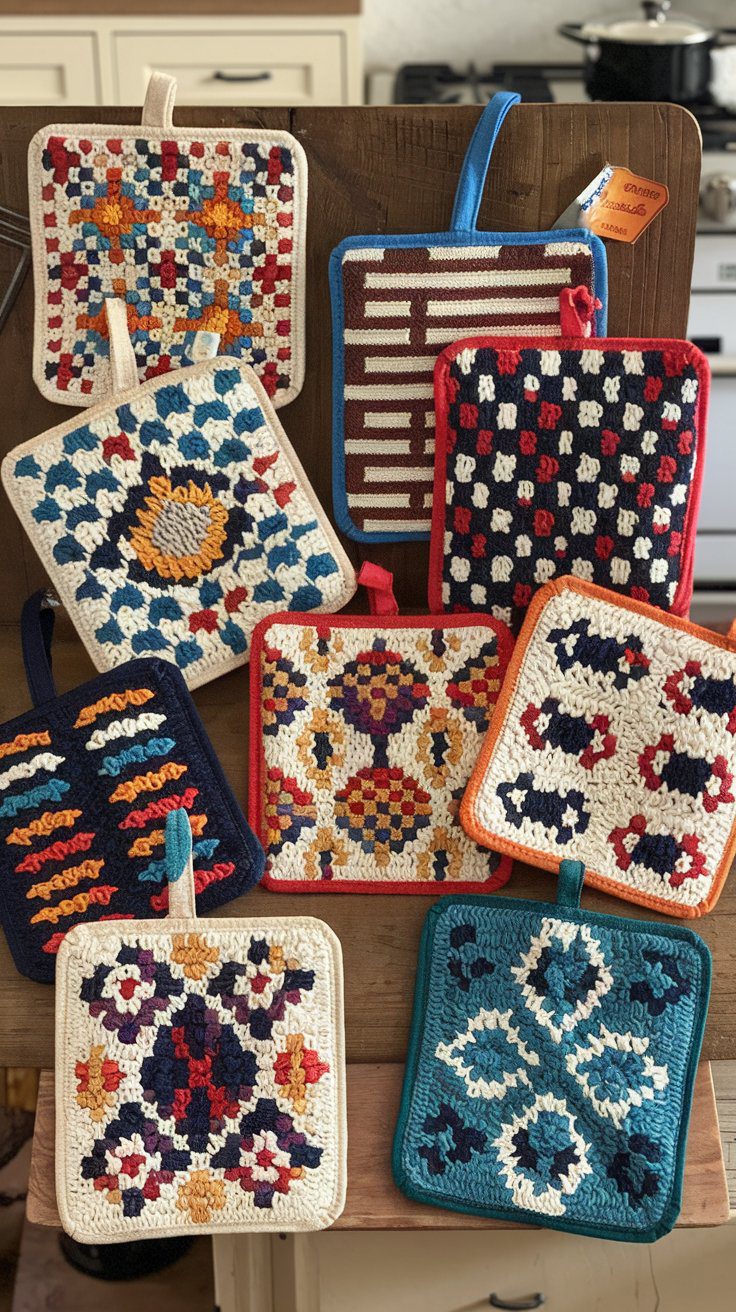 A set of handmade quilted pot holders in cotton fabric with heat-resistant batting, bias tape edges, and a hanging loop.