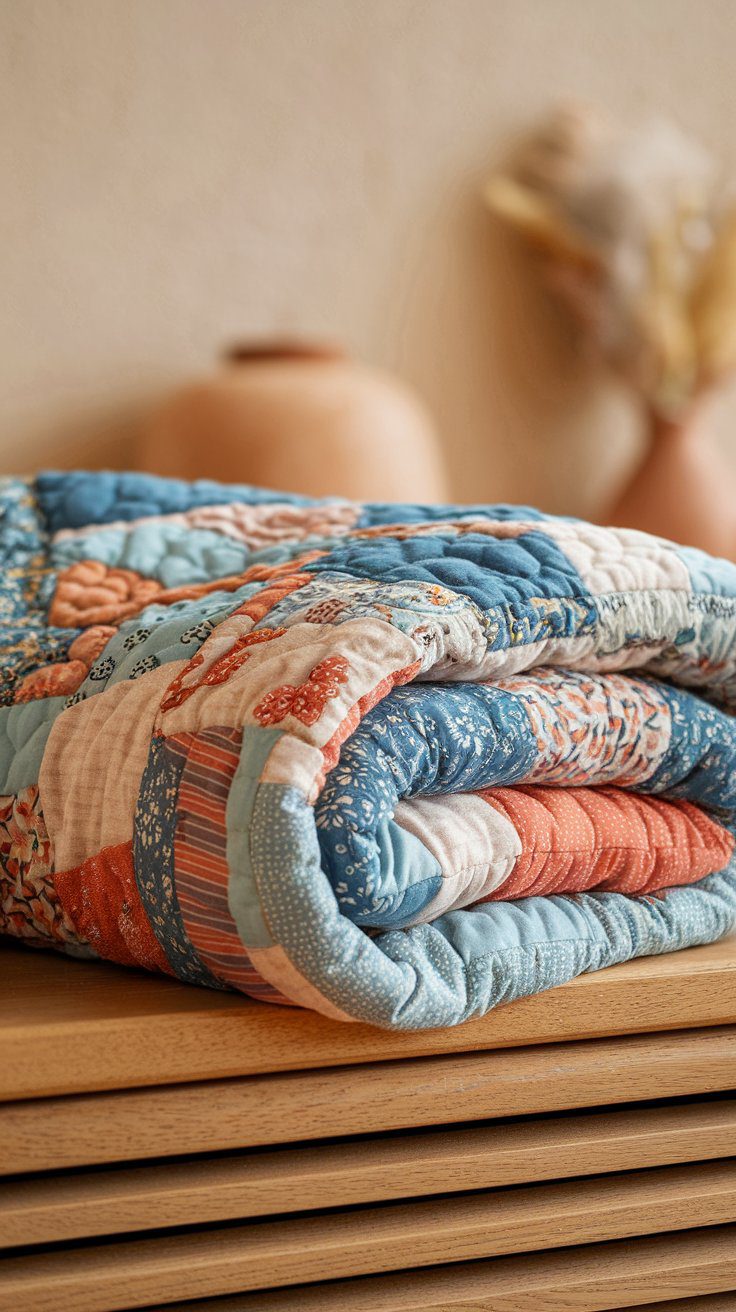 A colorful handmade quilted throw blanket in a patchwork design, cozy and ideal as a heartfelt homemade gift.