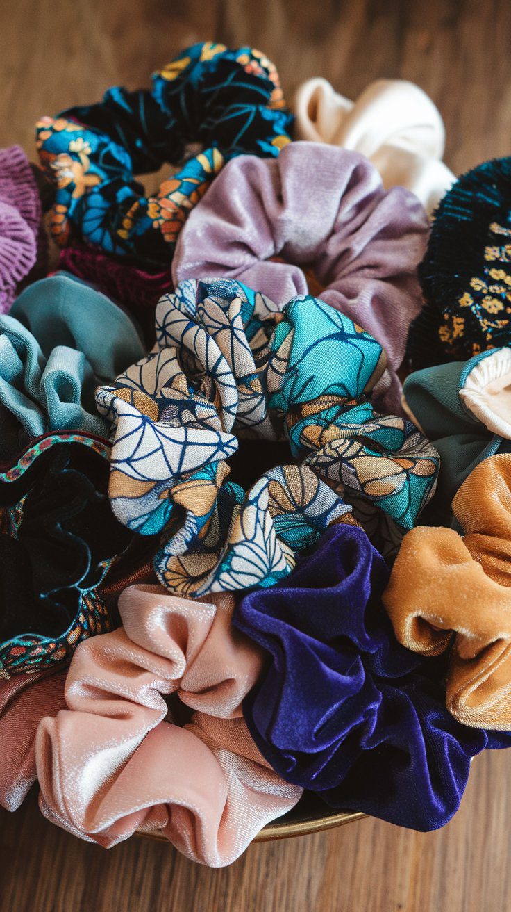 A collection of handmade fabric scrunchies in velvet and patterned cotton, sewn from fabric scraps in various colors.