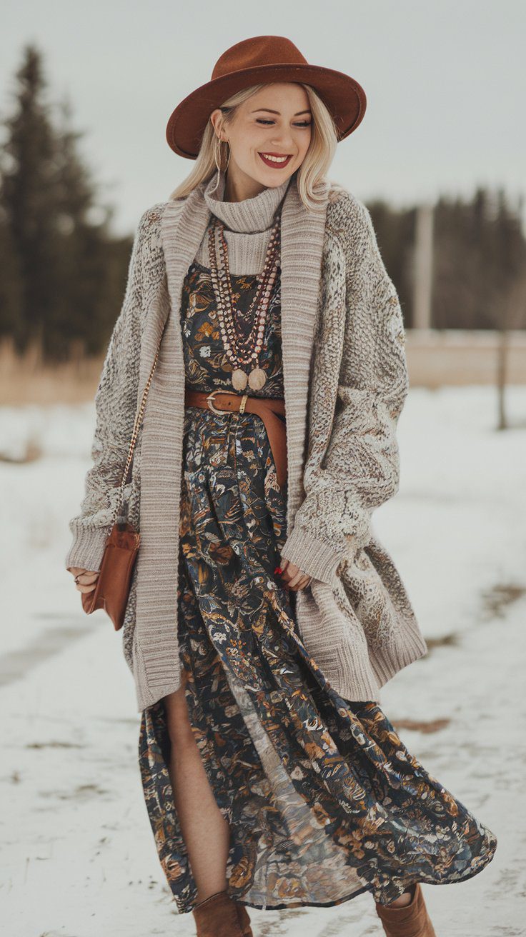 Boho maxi dress layered with a turtleneck and knit scarf for winter