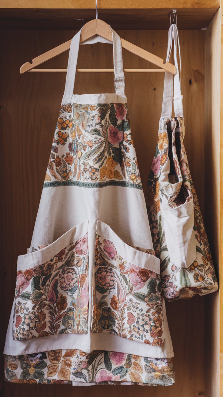 A handmade apron with large front pockets sewn from sturdy canvas fabric, styled for cooking or crafting.