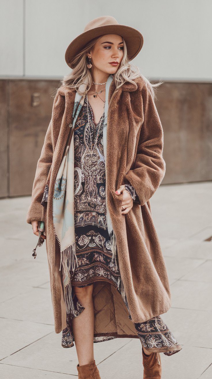 Boho winter coat: long belted wool coat over a boho outfit
