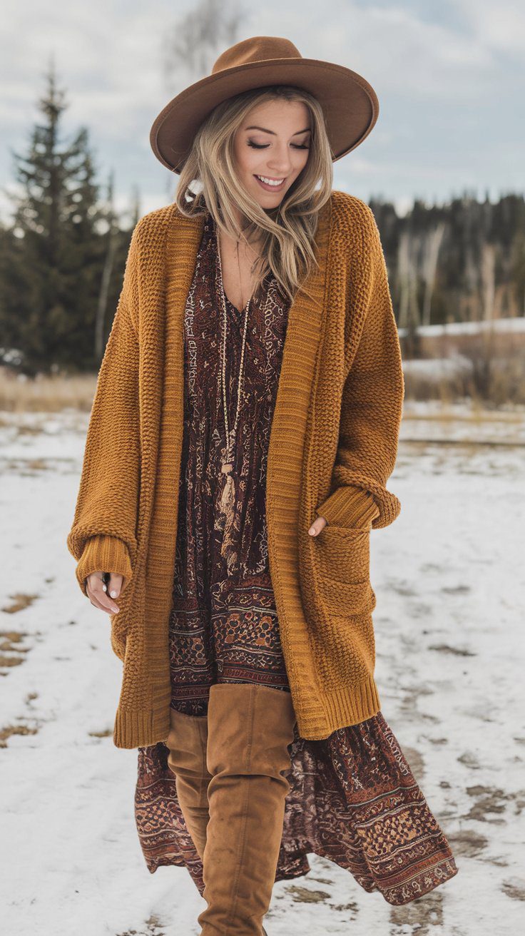 Boho winter outfit with mustard duster cardigan over printed maxi dress and suede boots