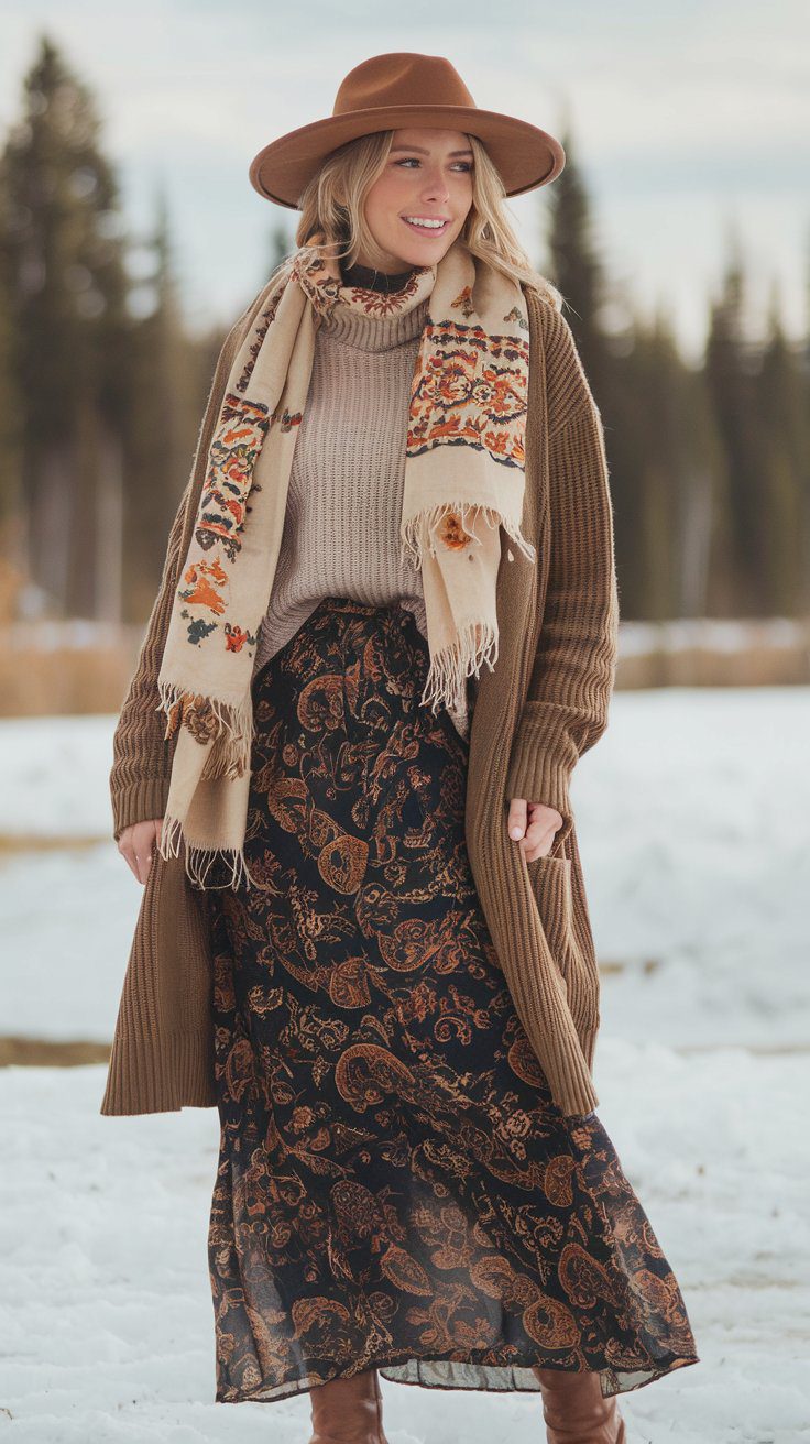 Boho winter outfit with floral and paisley print layering