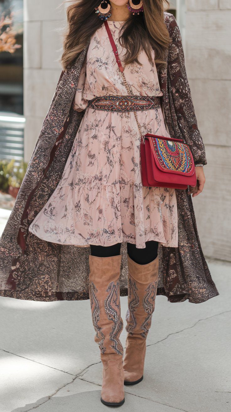 Boho winter outfit with layered lengths and statement accessories