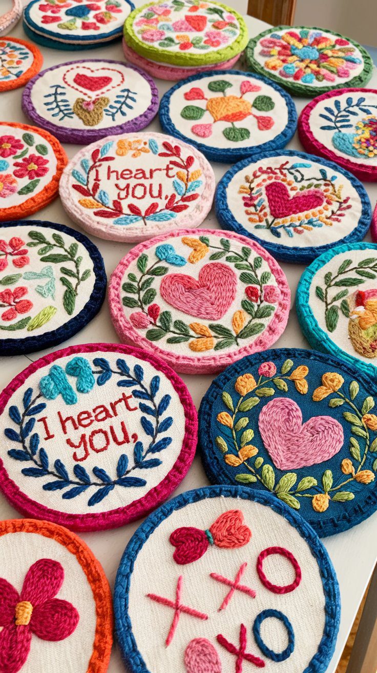 A set of handmade quilted fabric coasters in coordinating cotton prints, stacked and gift-ready.