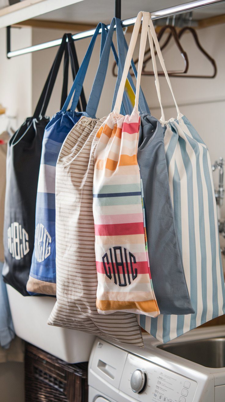 A handmade drawstring laundry bag in canvas fabric with cotton cording, personalized for travel, the gym, or a kids bedroom.