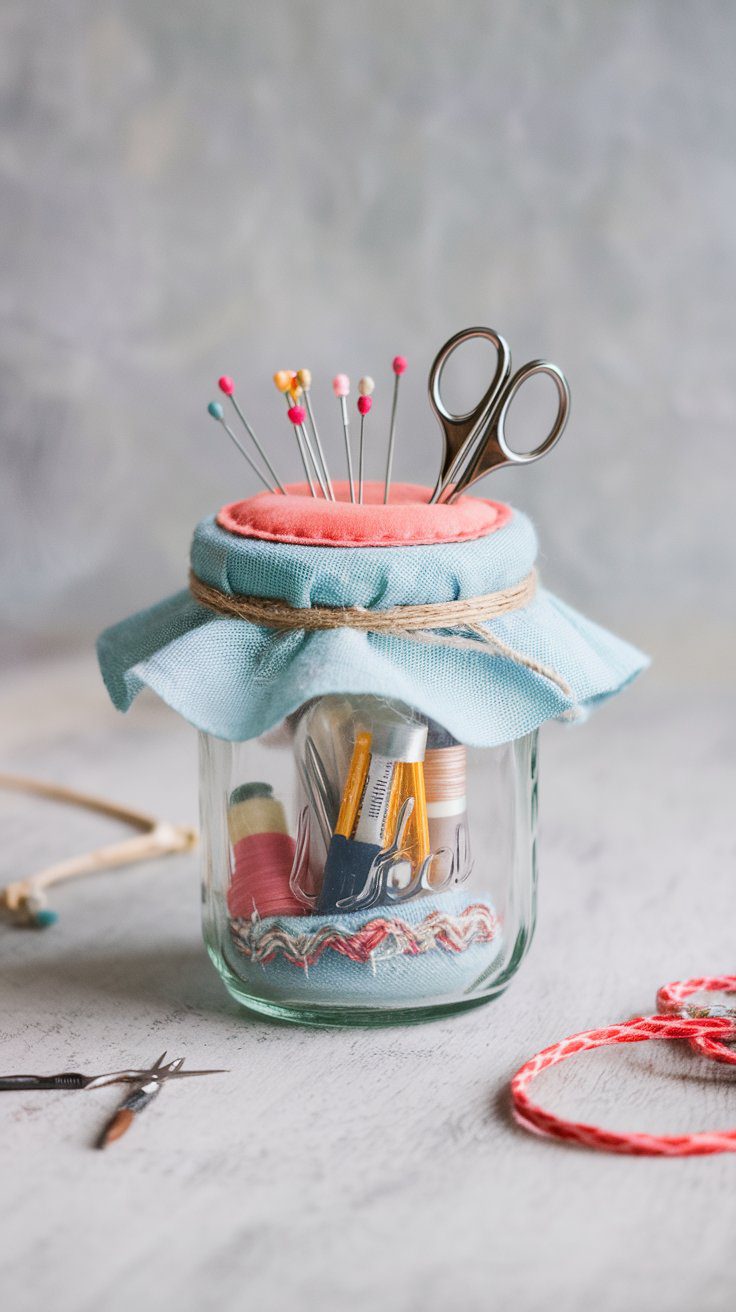A handmade sewing kit jar with a fabric pin cushion lid, filled with needles, thread, scissors, and mini sewing tools as a gift for crafters.