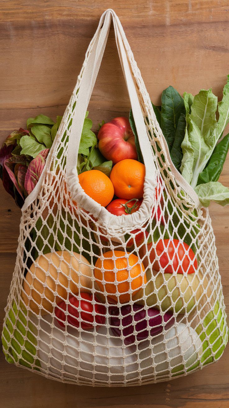 Handmade reusable produce bags sewn from lightweight fabric with drawstring closures, a sustainable alternative to single-use plastic bags.