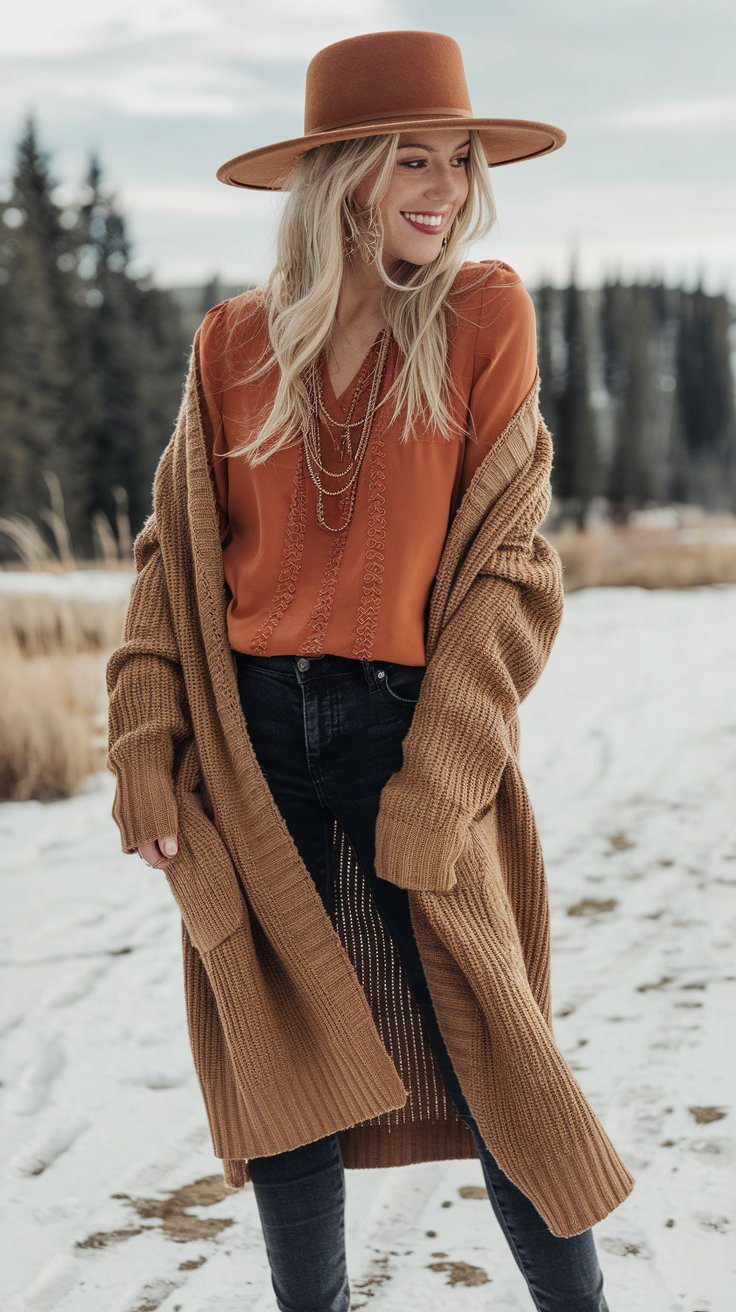 Boho winter outfit in earthy tones with burnt orange blouse and beige cardigan