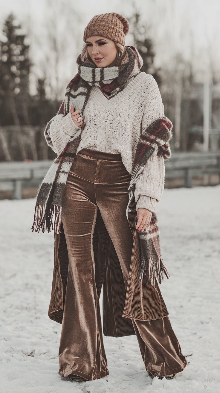 Boho winter outfit mixing velvet, corduroy and wool textures