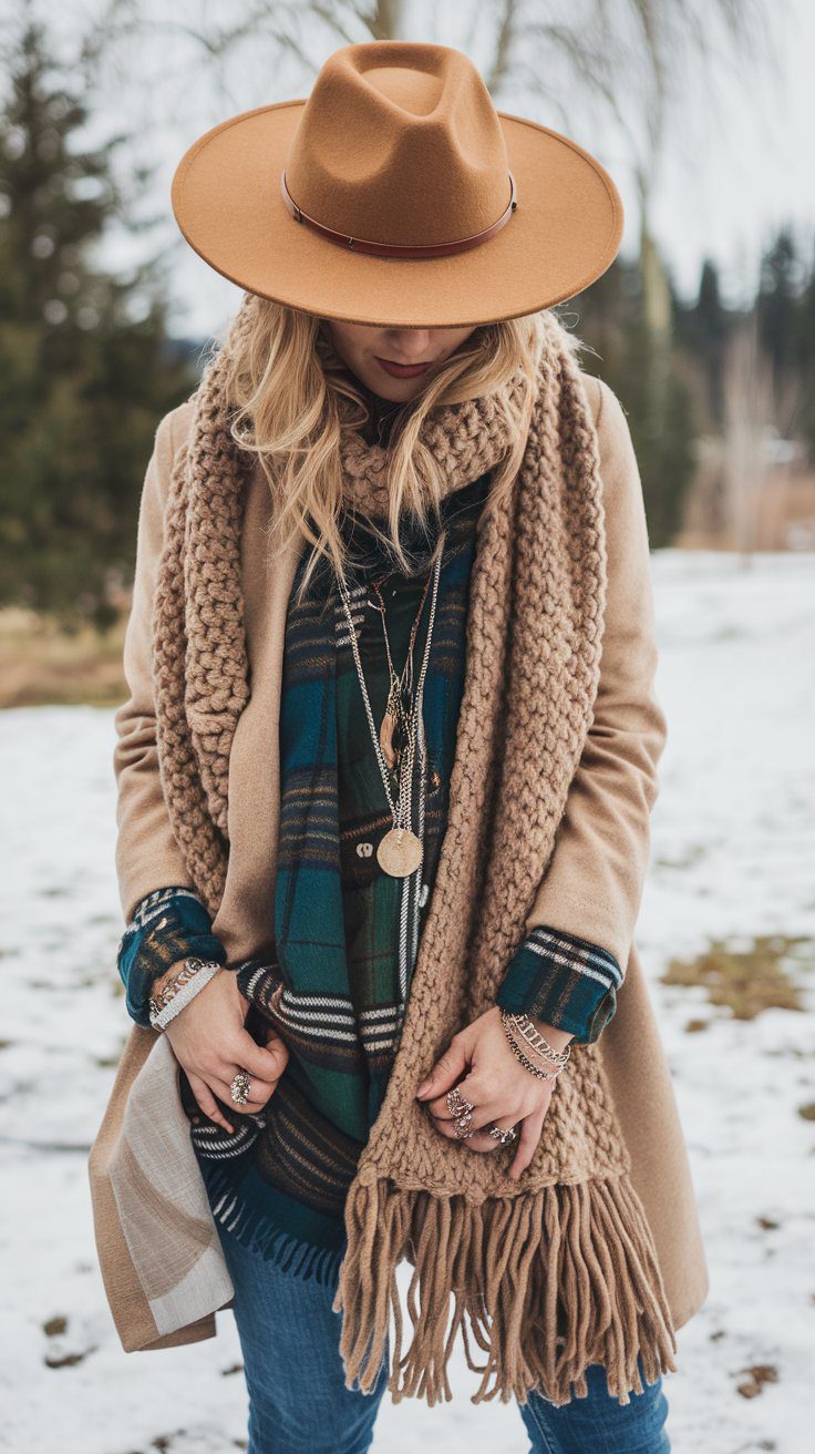 Boho winter accessories: wide-brim hat, chunky scarf and layered jewelry