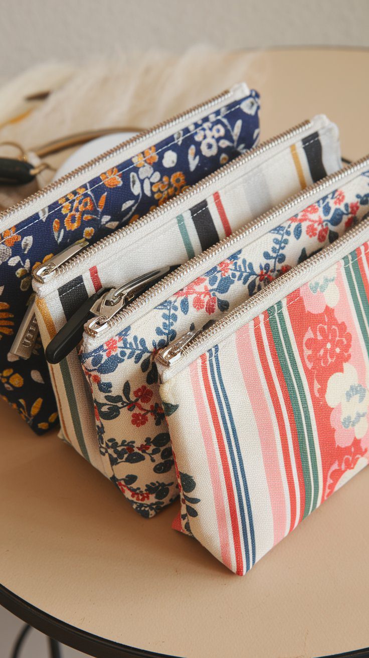 A handmade zippered fabric pouch in a colorful print, perfect as a makeup bag, pencil case, or travel organizer.