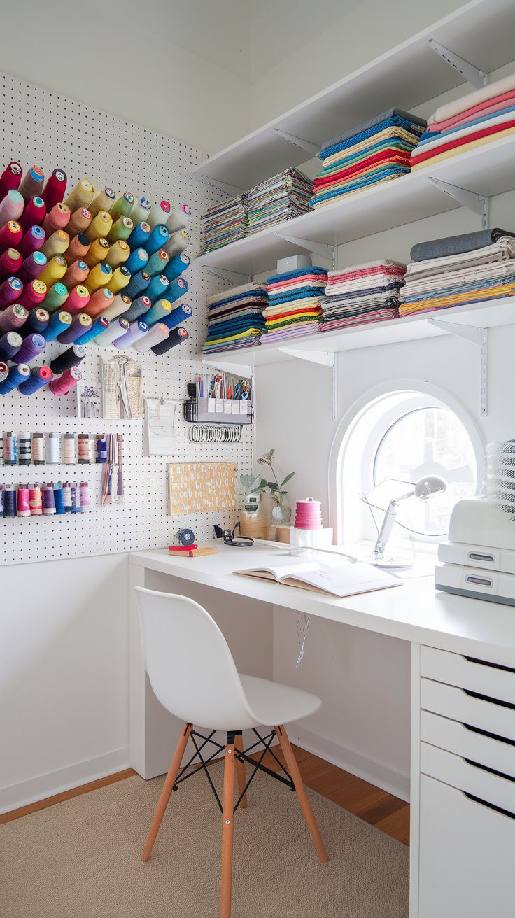 A once-cramped corner piled high with fabric scraps and tangled threads was transformed into a chic and organized sewing oasis.