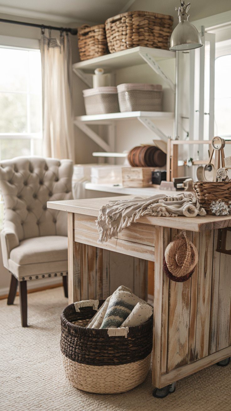 Picture this: A rustic retreat that feels like it belongs in the countryside. A wooden sewing table with a distressed finish anchors the room, paired with a plush, tufted chair. Woven baskets filled with fabric and tools sit on open shelving, and soft curtains let in natural light, creating a dreamy, homey workspace.