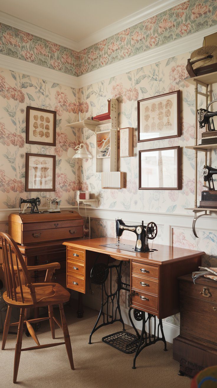 A sewing room that feels like stepping into a classic novel. A vintage wooden sewing desk takes center stage, flanked by floral curtains and a gallery wall of charming vintage patterns. The space exudes charm and nostalgia, perfect for slow stitching and creative daydreaming.