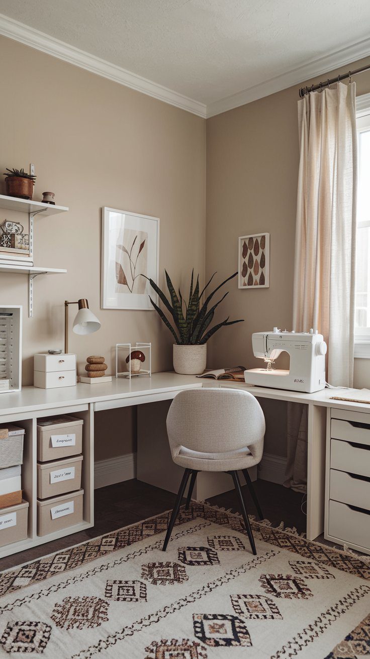 A tranquil space where every detail feels intentional. Crisp white walls and a streamlined desk create a Zen-like vibe, while labeled storage boxes keep all your tools neatly tucked away. It’s a calm, inspiring retreat to focus on your craft without distractions.
