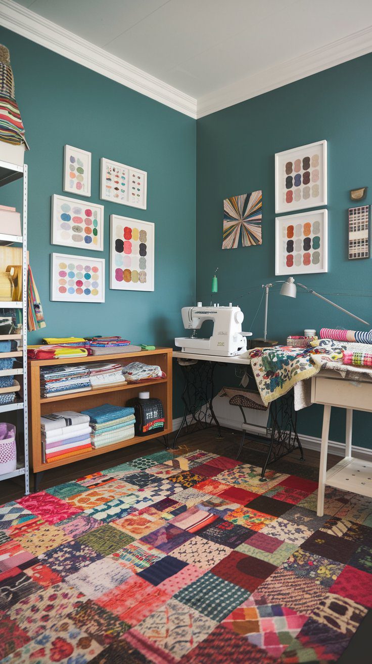 Picture this: A vibrant sewing room brimming with personality. Walls painted in a happy teal hue are paired with a colorful patchwork rug underfoot. A gallery wall showcases framed swatches of your most-loved fabrics, creating an inspiring backdrop for your next masterpiece.