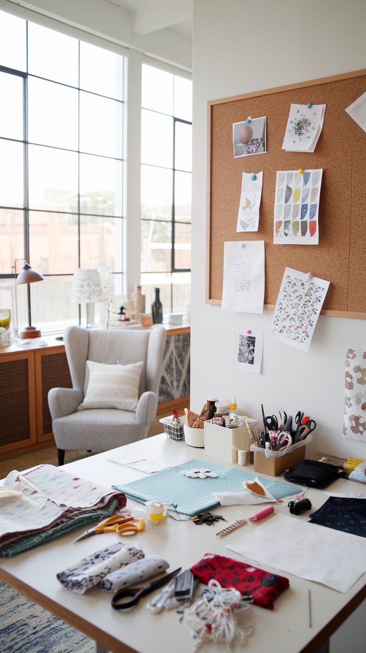 A versatile studio buzzing with potential. A wide, sturdy table takes center stage, ready for sewing one day and crafting the next. Modular storage cabinets line the walls, with labeled drawers filled to the brim with supplies. A bright task lamp lights up the surface, perfect for detail work.
