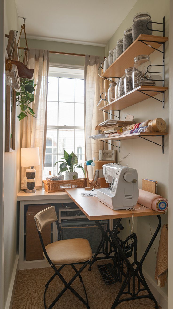 Picture this: A tiny yet mighty sewing corner tucked into an alcove. Floating shelves hold jars of buttons and spools of thread, while a fold-down desk reveals a tidy workstation. It’s a cozy little nook that maximizes every inch without feeling cramped.
