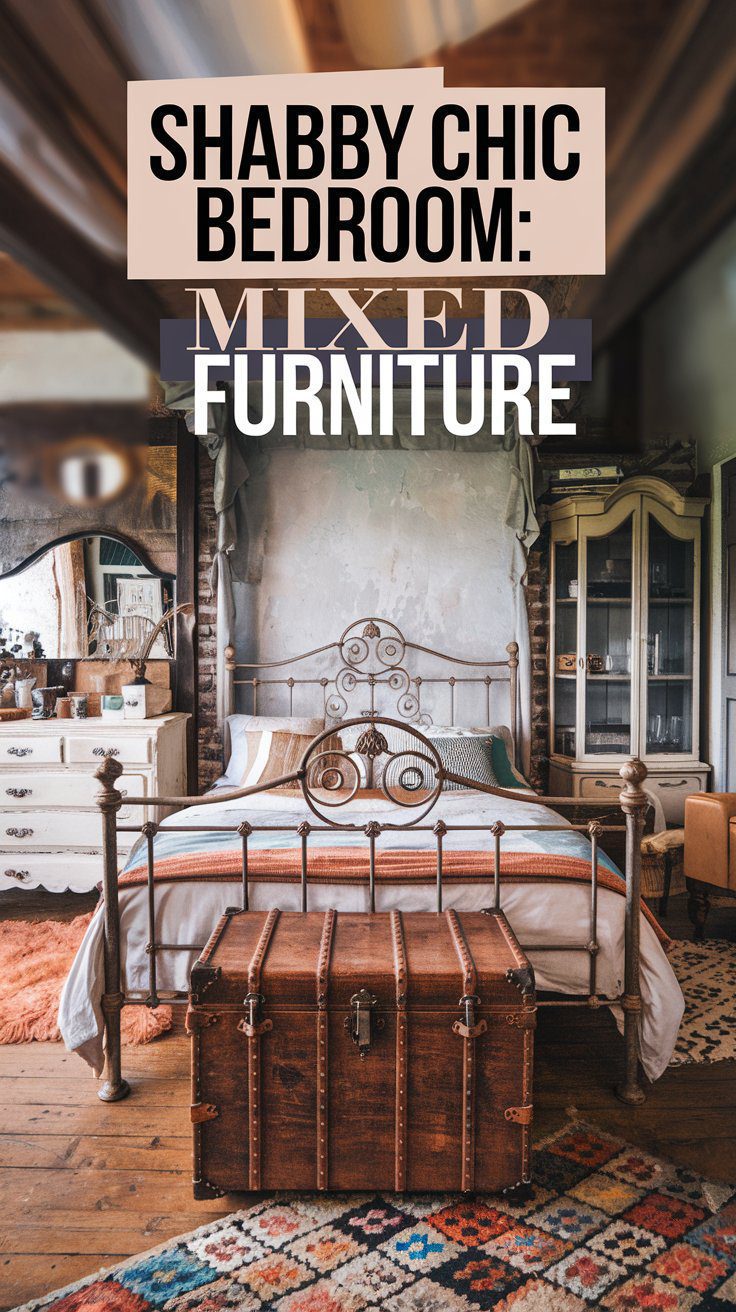 A Shabby Chic Bedroom with mixed furniture boasts a wrought iron bed, vintage wooden trunk, white dresser, and glass cabinet. Colorful rugs adorn the wooden floor amidst cozy, eclectic decor. Discover elegant bedroom ideas in this charming setting. Text: Shabby Chic Bedroom: Mixed Furniture.