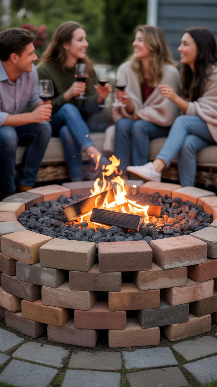 A group of friends enjoys a relaxed evening around a glowing backyard fire pit, creating a warm and inviting atmosphere.