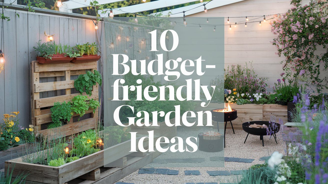 A cozy garden patio with string lights, a fire pit, wooden planters filled with various plants, and decorative gravel creates the perfect setting for a stunning backyard transformation.