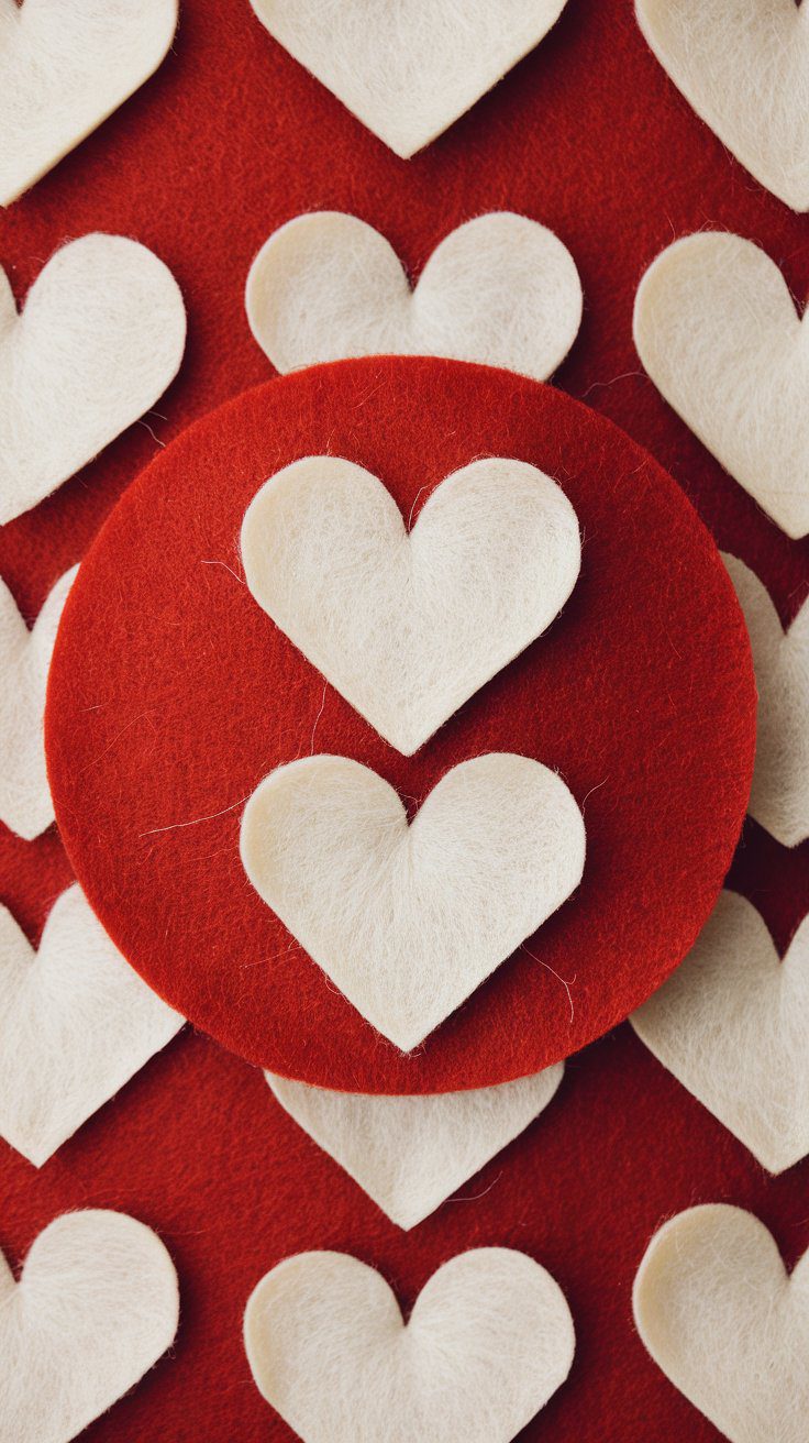A charming crafts design features small white felt hearts arranged on a red background.
