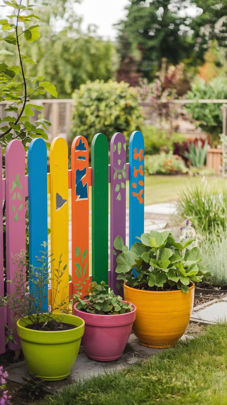 Colorful painted garden pots in green, pink, and yellow holding lush plants beside a cheerfully painted wooden fence.