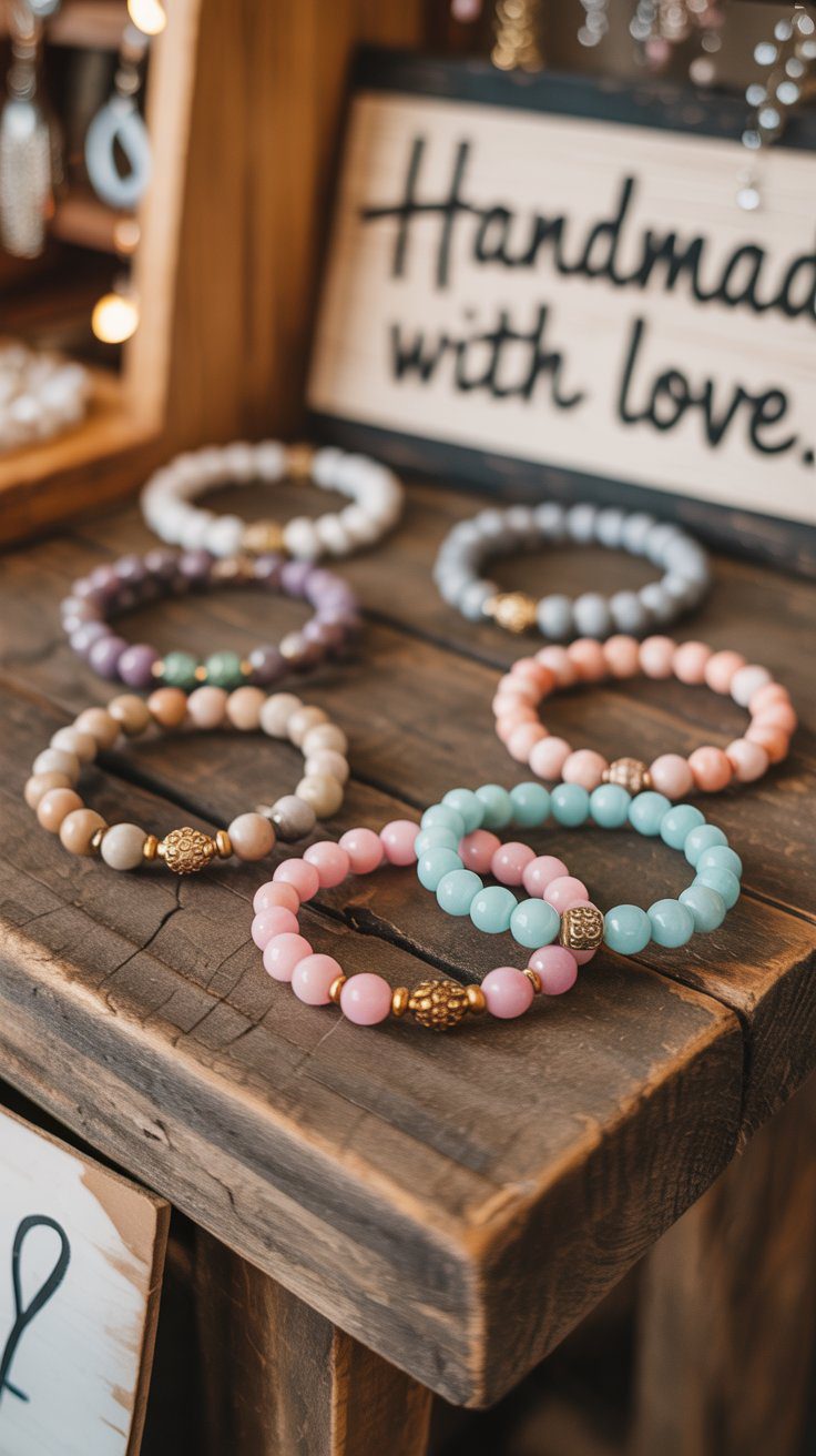 Vibrant beaded bracelets adorned with pastel hues and gold accents are artfully arranged on a rustic wooden table.
