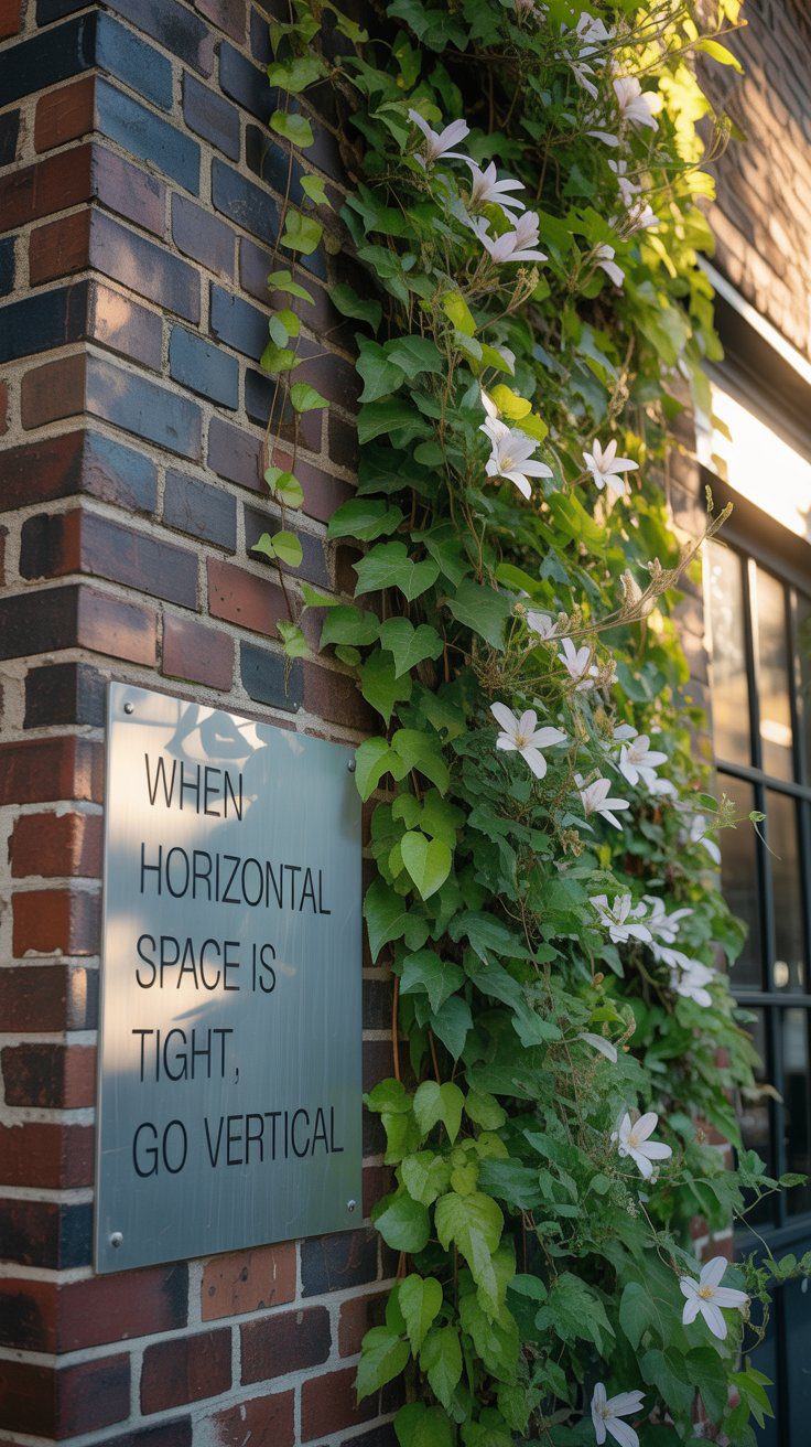 Flowering vines climb a backyard wall creating a lush vertical garden oasis — a smart solution when horizontal space is limited.