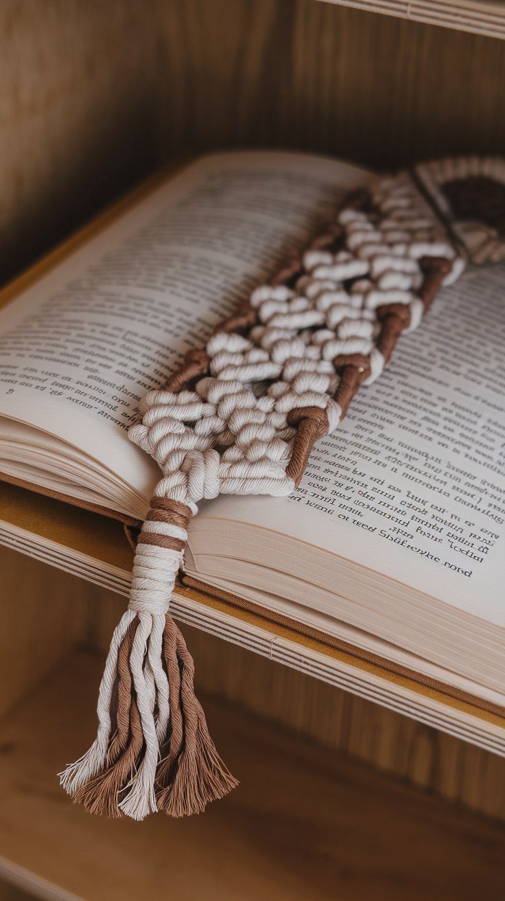 A macramé bookmark, perfect for beginners projects, with white and brown threads lies on an open book, forming intricate patterns. The book rests on a wooden surface.