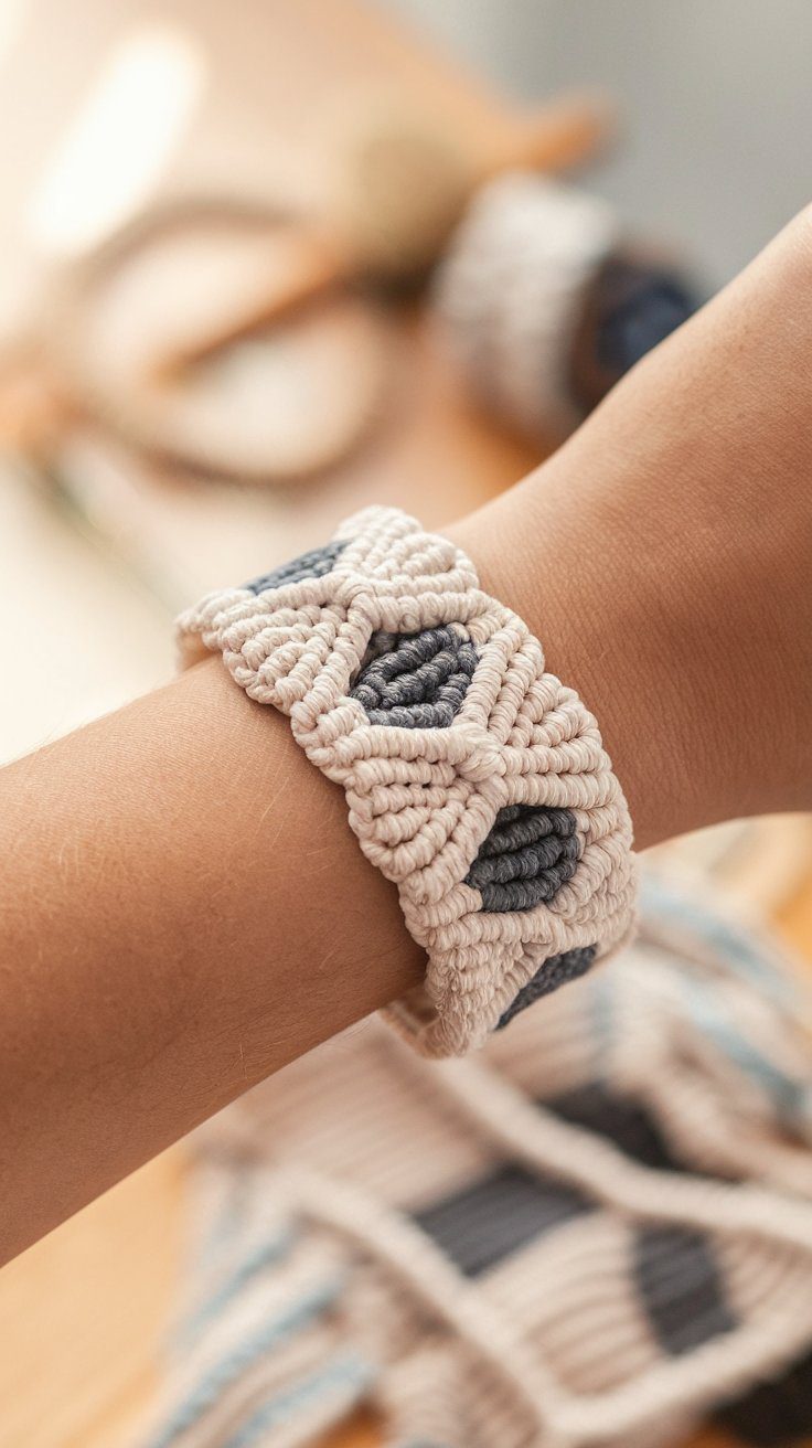 A hand showcasing a handmade bracelet with a geometric macramé pattern in cream and navy. Ideal for beginners macrame enthusiasts, the softly blurred background highlights yarn and crafting tools.