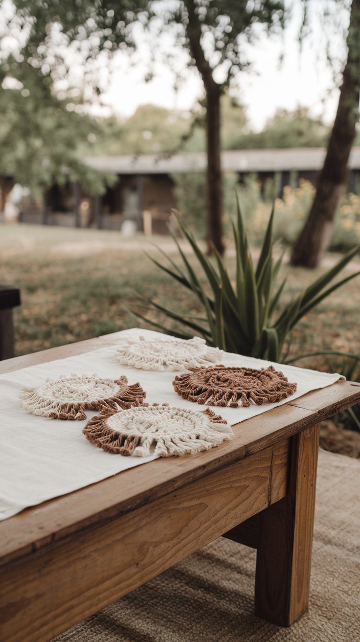 A wooden table outdoors features handmade, woven coasters in brown and cream on a white cloth. With trees and a blurred building in the background, it’s a serene setting perfect for showcasing easy macrame projects for beginners.