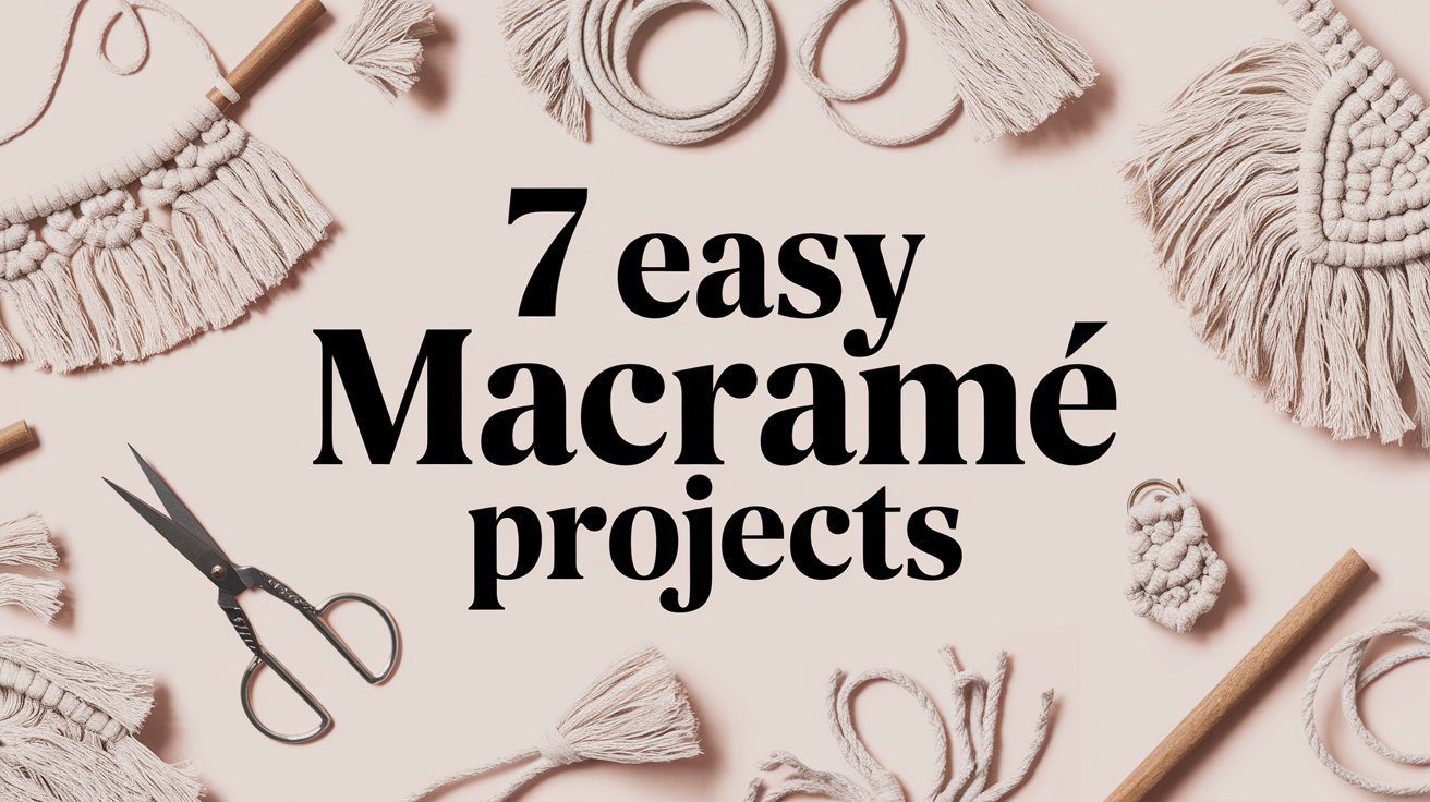 A flat lay of various macramé projects and supplies, featuring knots, scissors, wooden dowels, and cords, surrounds the text 7 Easy Macrame Projects for Beginners on a light background.