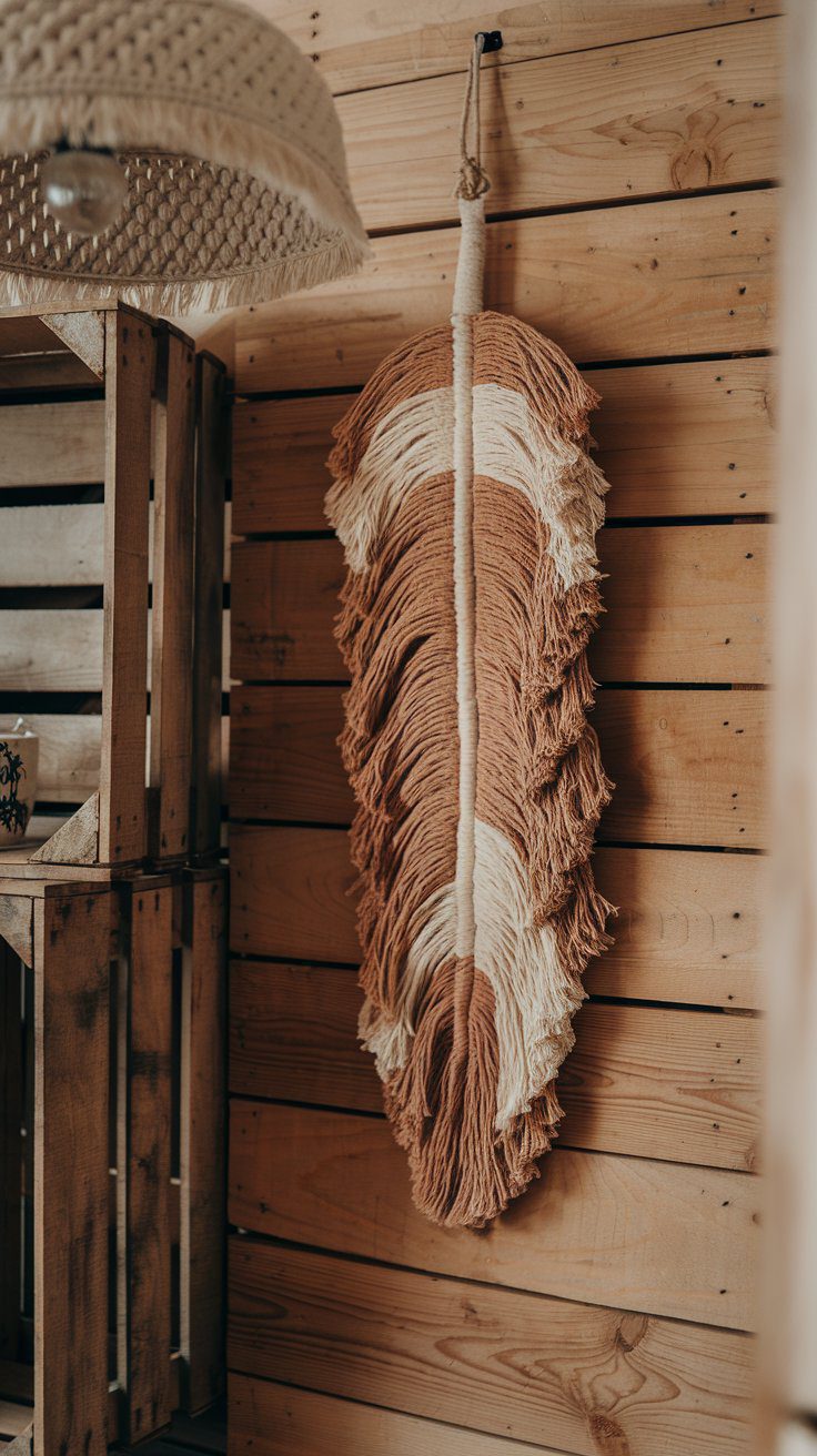 A large, textured feather-shaped wall hanging, crafted through easy macrame techniques, is made of brown and white fibers and displayed against a wooden wall in a cozy room. Nearby, a rustic lamp and wooden crates enhance the inviting atmosphere.