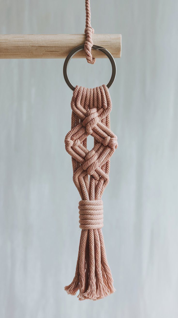 An easy macramé keychain with a decorative knot design made from pink rope hangs from a wooden dowel. Perfect for beginners, the keychain features a metal ring at the top and a fringed tassel at the bottom, making it an ideal addition to your macrame projects.