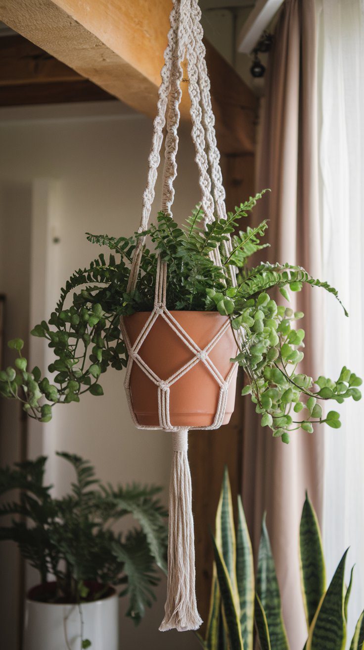 A terracotta pot with lush green plants is nestled in an easy macrame hanger. Perfect for macrame projects beginners, it swings gently in a sunlit room with white walls and wooden beams. Other plants peek through near a curtain, crafting a serene indoor garden scene.