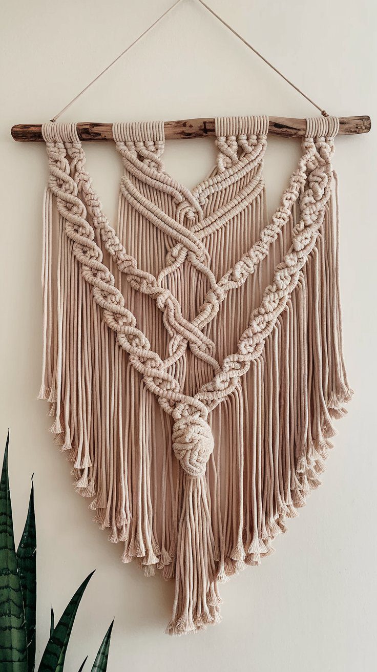 A beige macramé wall hanging, perfect for beginners exploring new macrame projects, features intricate knot patterns suspended from a wooden rod. The symmetrical design boasts long fringe tassels at the bottom, accompanied by small green plant leaves visible in the lower left corner.